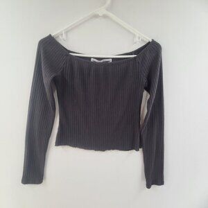 UO Silence + Noise Women's Knit Top Long Sleeve Crop Boatneck Black Size M